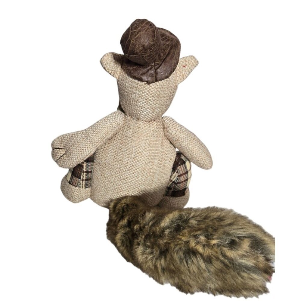 Rustic Fabric Squirrel Doorstop/ Shelf Sitter with Faux Fur Tail & Plaid Accents - Picture 3 of 11